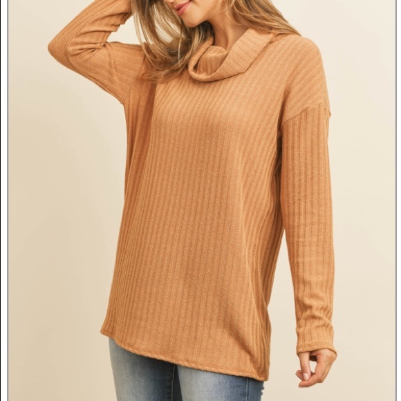 Cowl NECK POPCORN fabric lightweight knit  SWEATER- CAMEL color , NEW! - Picture 2 of 12